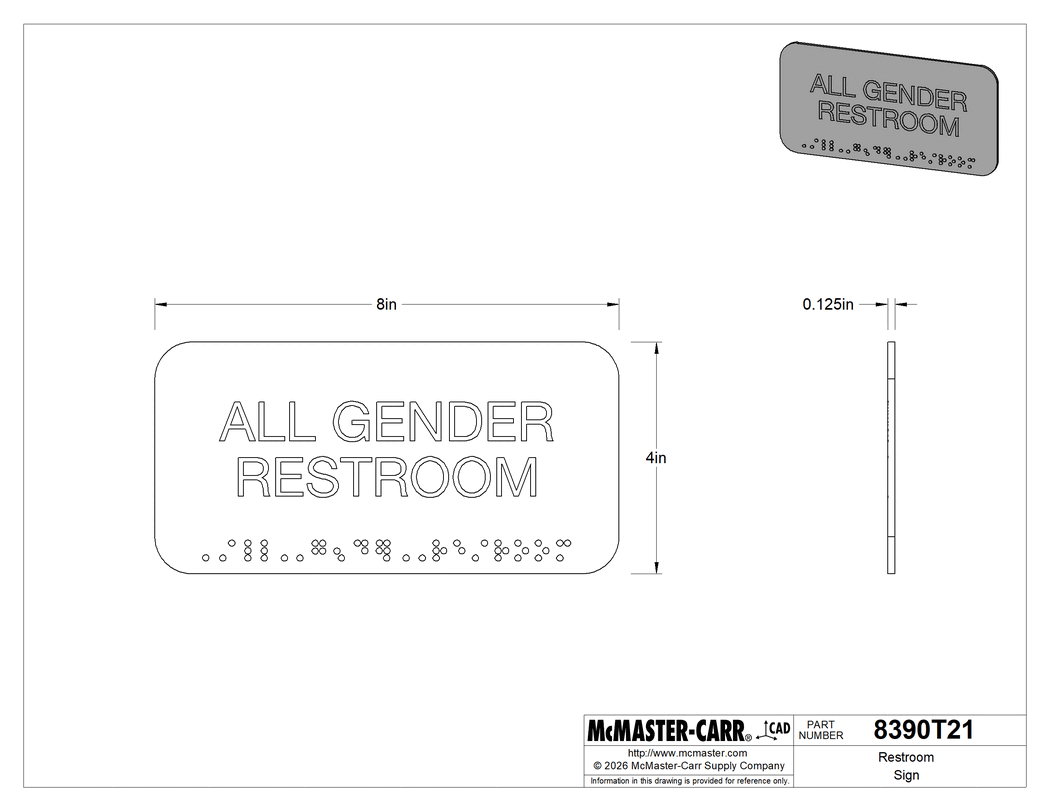 Technical Drawing of Restroom Sign, Blue, (All Gender. . .), 3" High, 6" Wide.